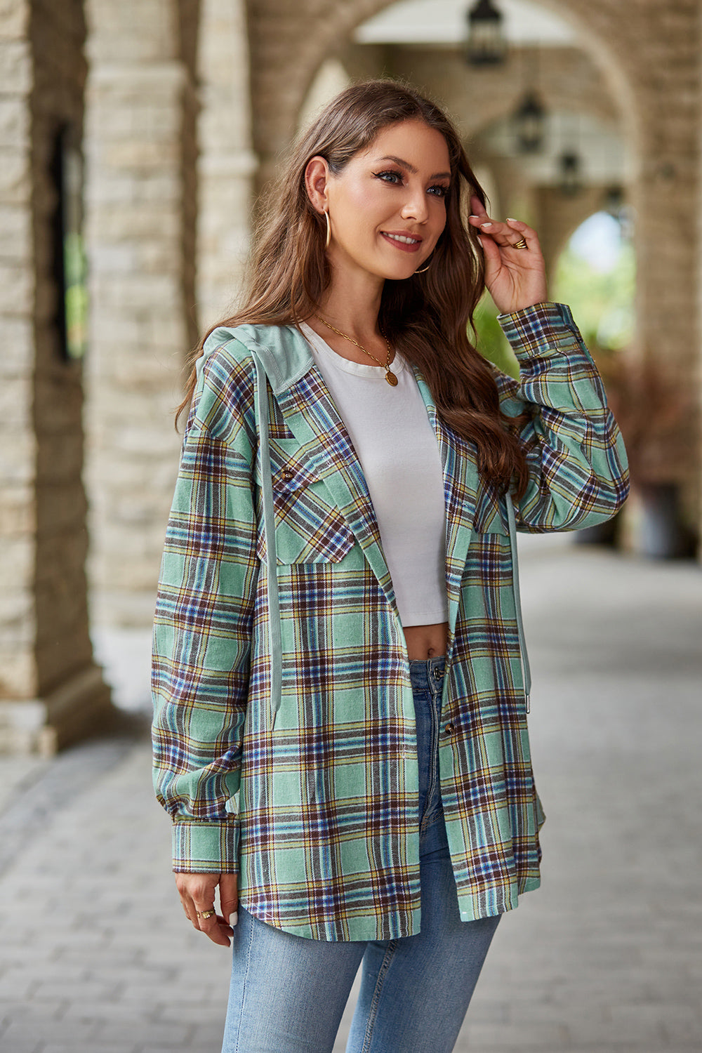 Mandy Plaid Long Sleeve Hooded Jacket