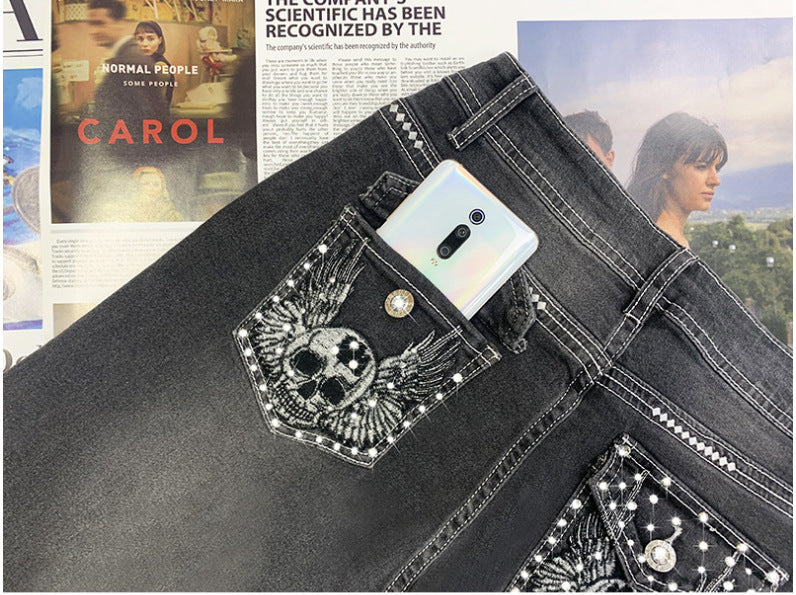 New Retro Embroidered Skull Hot Rhinestone Elastic Slim Fit Slimming Skinny Denim Jeans