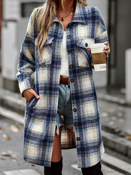 Women's Plaid Long Sleeve Button Down Shacket Coat