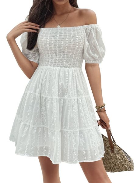 High Waist Off Shoulder Sundress Puff Sleeve Tiered Ruffle Hem Mini Dress