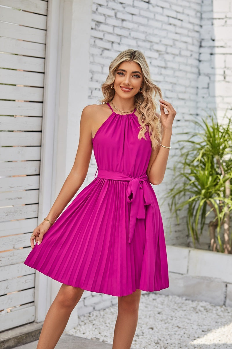 Solid Strapless Halter Pleated Sundress