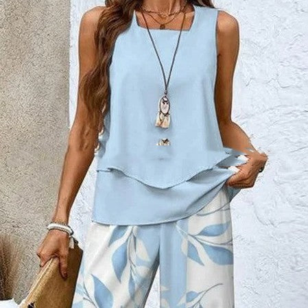 Printed Sleeveless Double-layer Vest And Loose Straight Pants Suit