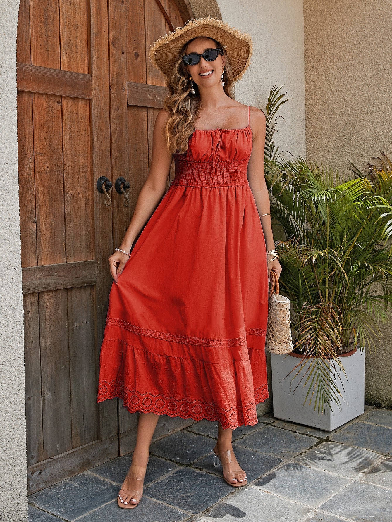 Women's Cotton Maxi Dress - Breathable, Embroidered Hem, Elastic Waist, And French Romantic Style