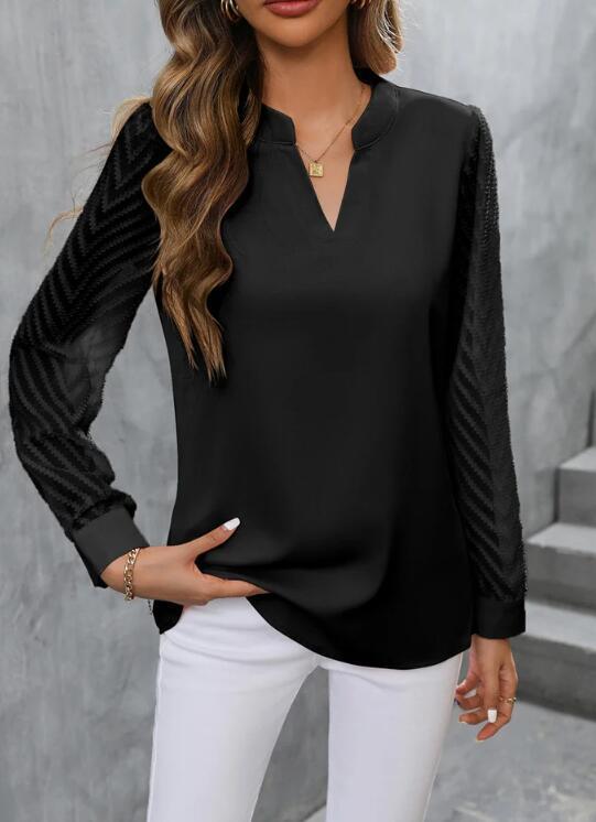 Chiffon Patchwork Long Sleeve Solid Color V-neck Top