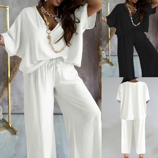 V-neck Batwing Sleeve Loose Wide Leg Pants Suit