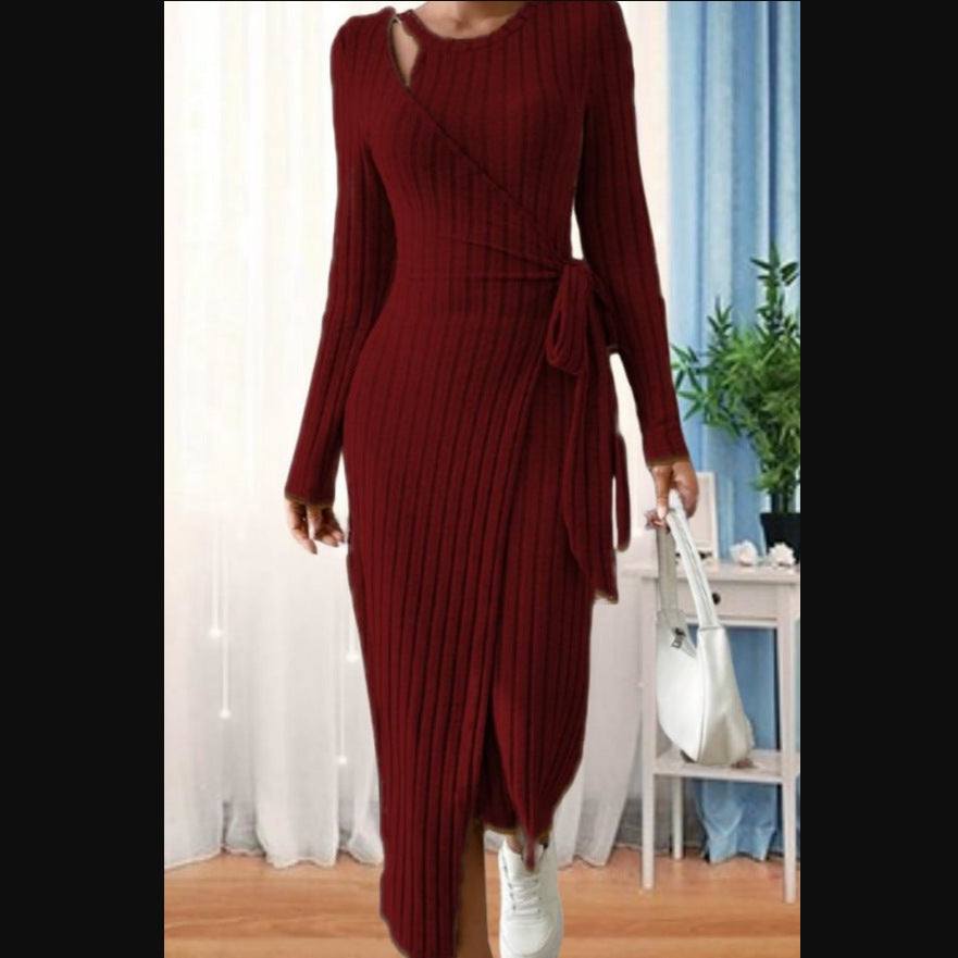 Striped Fashion Round Neck Long Sleeve Narrow Bow Dress