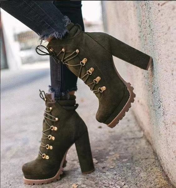 Heeled Round Toe Lace UP High Heel Mid Calf Boots