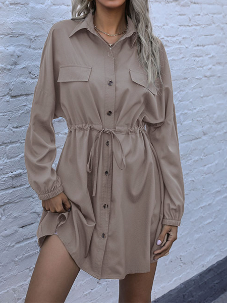 Button Up Drawstring Shirt Dress