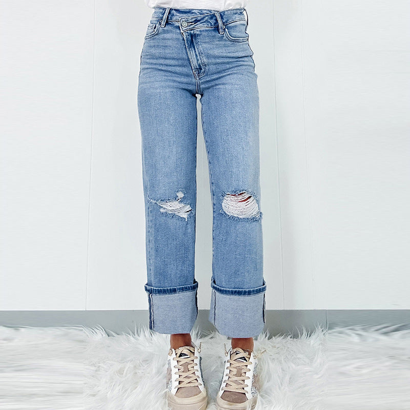 Solid Color High Waist Ripped Jeans