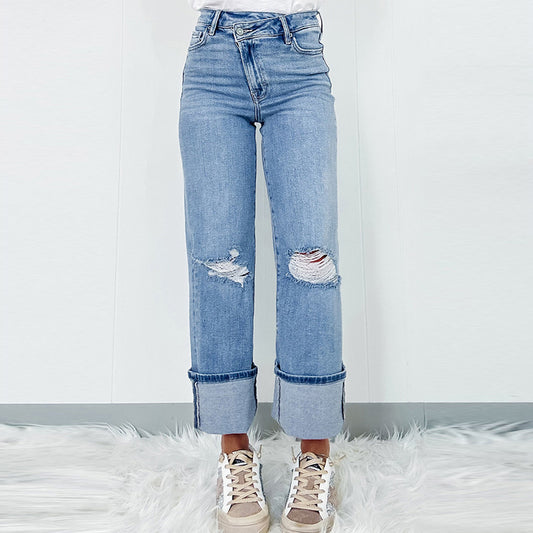 Solid Color High Waist Ripped Jeans