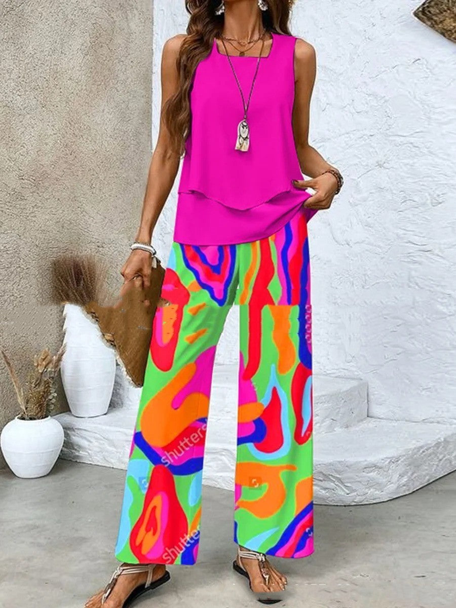 Printed Sleeveless Double-layer Vest And Loose Straight Pants Suit