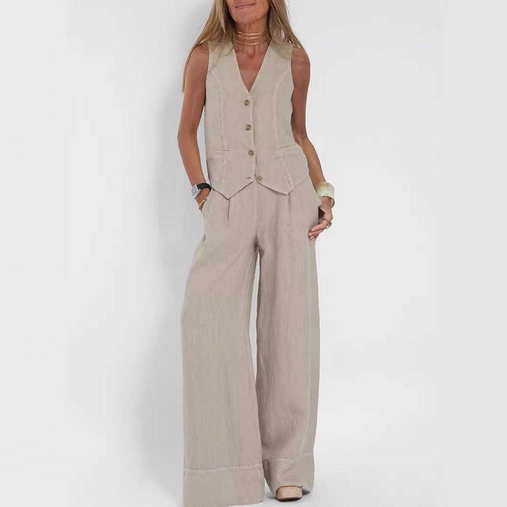 Vest Suits V-neck Button Sleeveless Top And Loose Straight Trousers