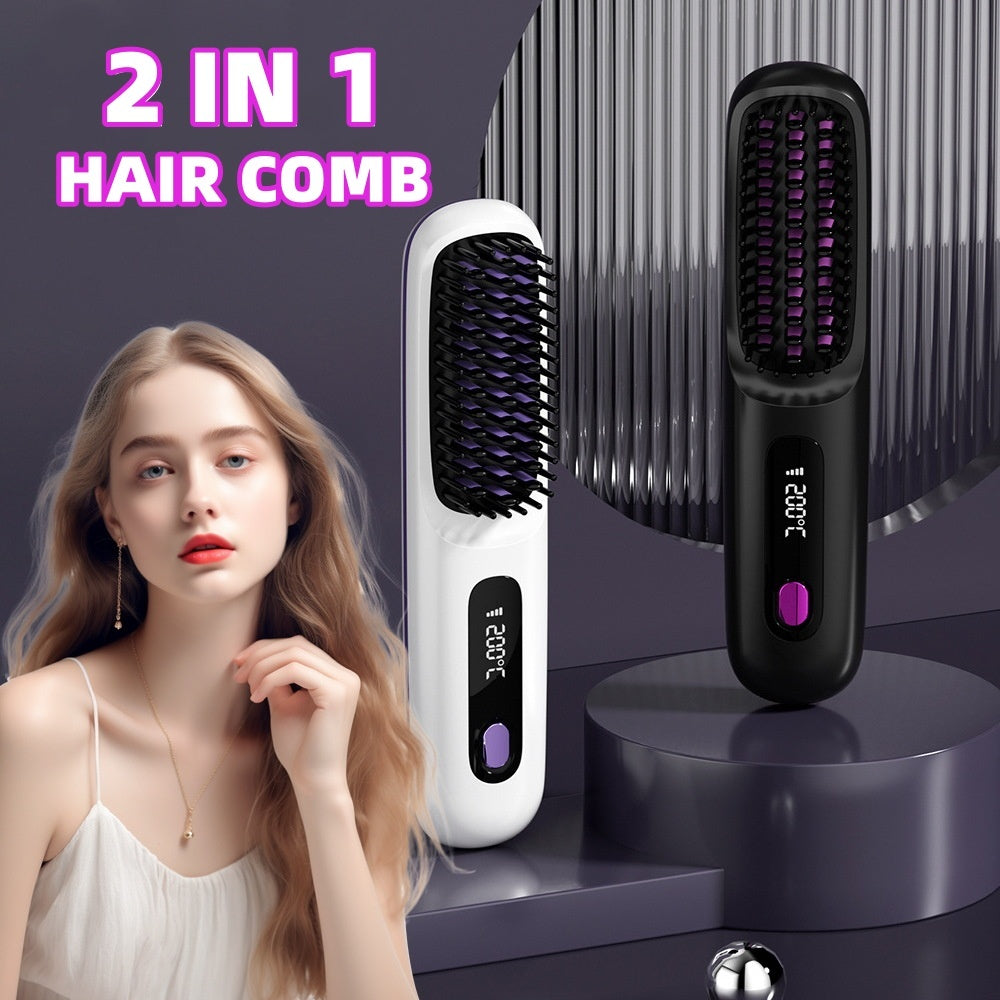 2 In 1 Wireless Hair Straightener Brush, Fast Heating Portable Hot Curler USB Charging