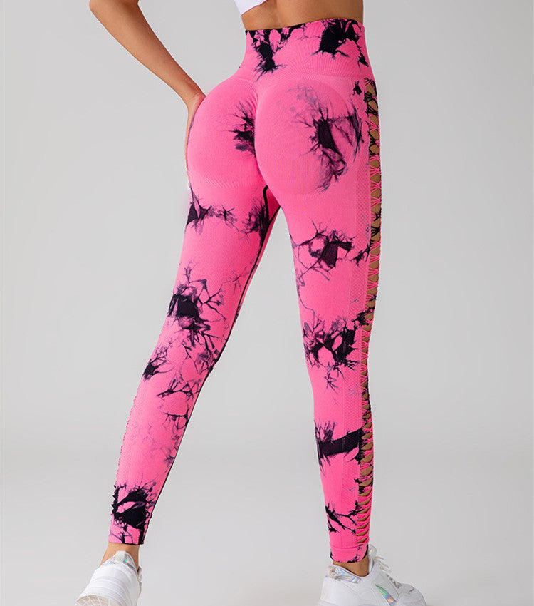 Hollow Tie Dye Printed Yoga Pants, High Waist Butt Lift & Seamless