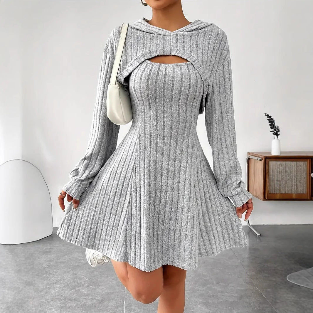 Hooded Shawl Long-sleeved Vest Short Dress Two-piece Set