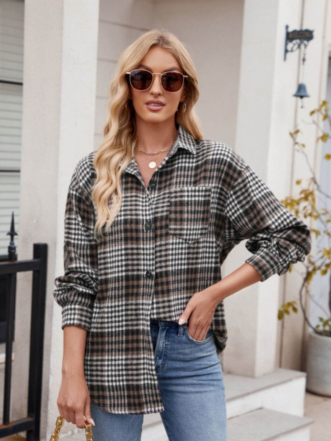 Mandy Pocketed Plaid Collared Neck Long Sleeve Shirt