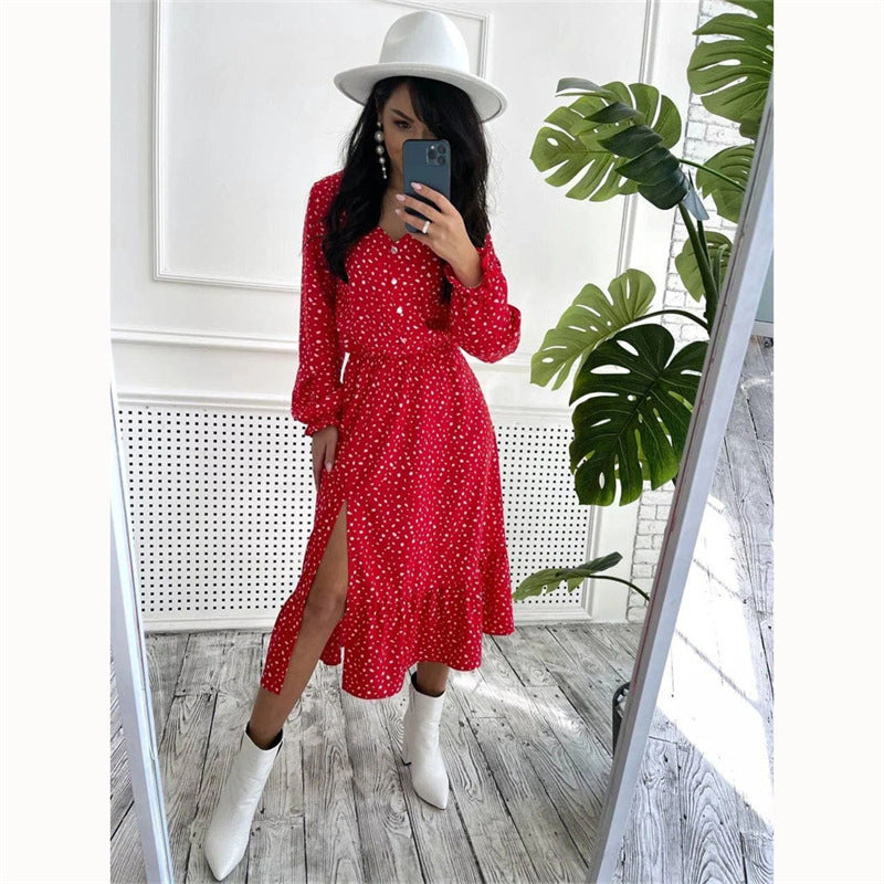 V-neck Casual Polka Dot Long Dress Split Dress