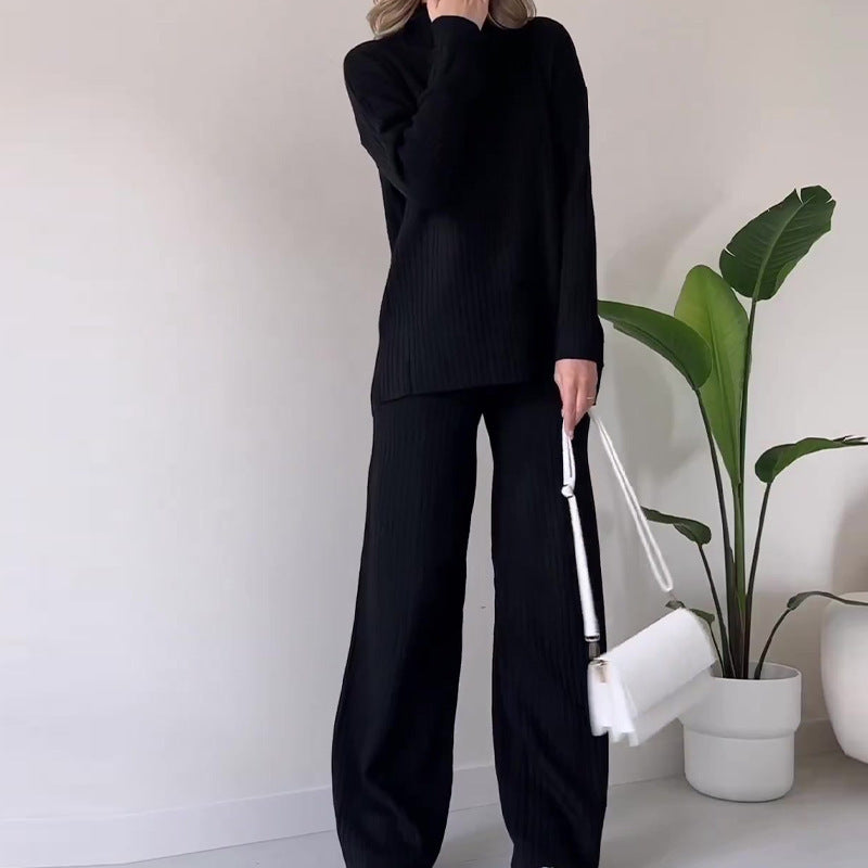 Turtleneck Knitted Suit Loose Split Design Long-sleeved Top And Straight Trousers Set