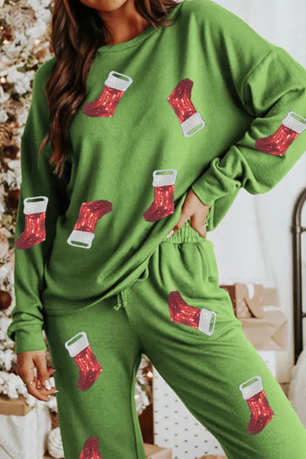 Sequin Socks Round Neck Long Sleeve Top and Pants Lounge Set