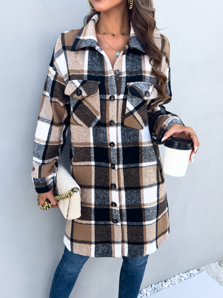 Women's Plaid Long Sleeve Button Down Shacket Coat