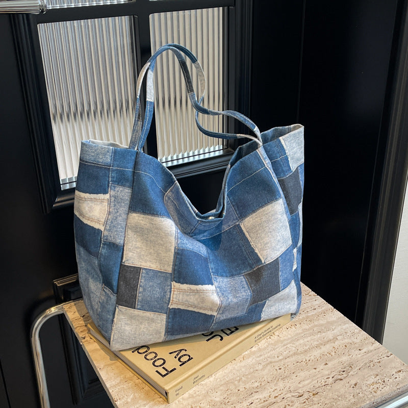 Large Capacity Denim Color-contrast Check Idle Tote Bag