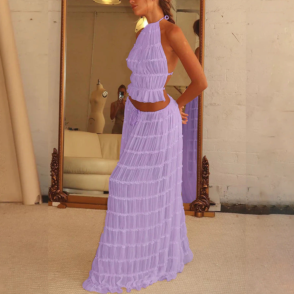 2pc Dress Suit, Sleeveless, Backless Cropped Halter Top And Pleated Long Dress