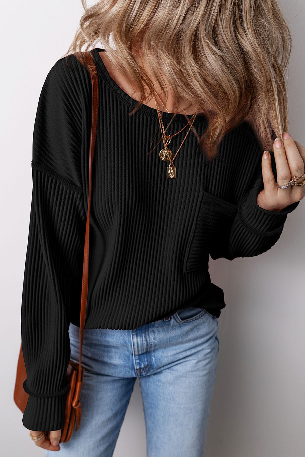 Pocketed Round Neck Long Sleeve Top