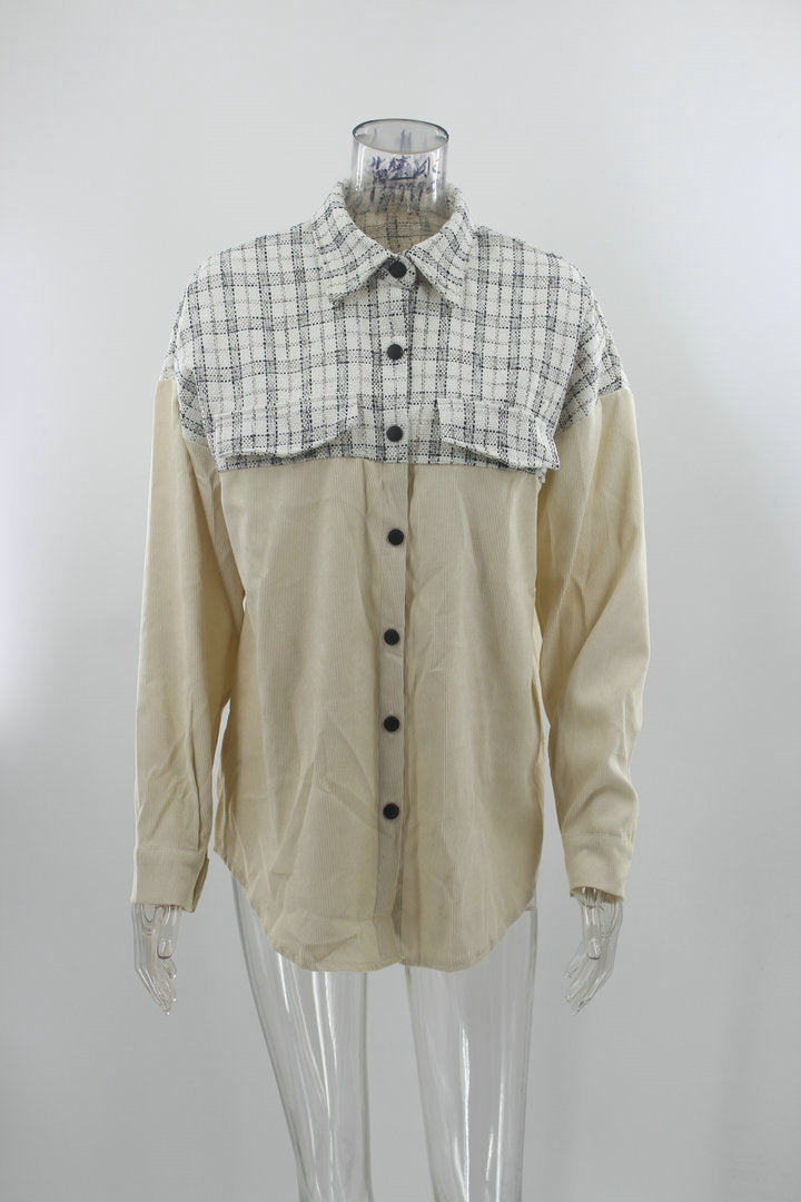 Casual Lapel Long Sleeve Pocket Plaid Splicing Corduroy Jacket