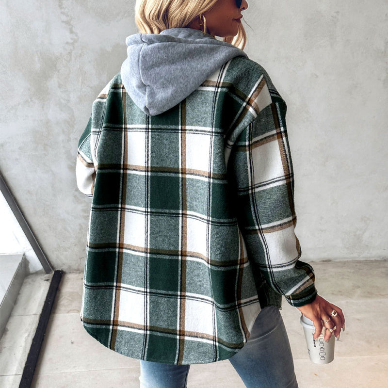 Solid Color Plaid Hooded Jacket