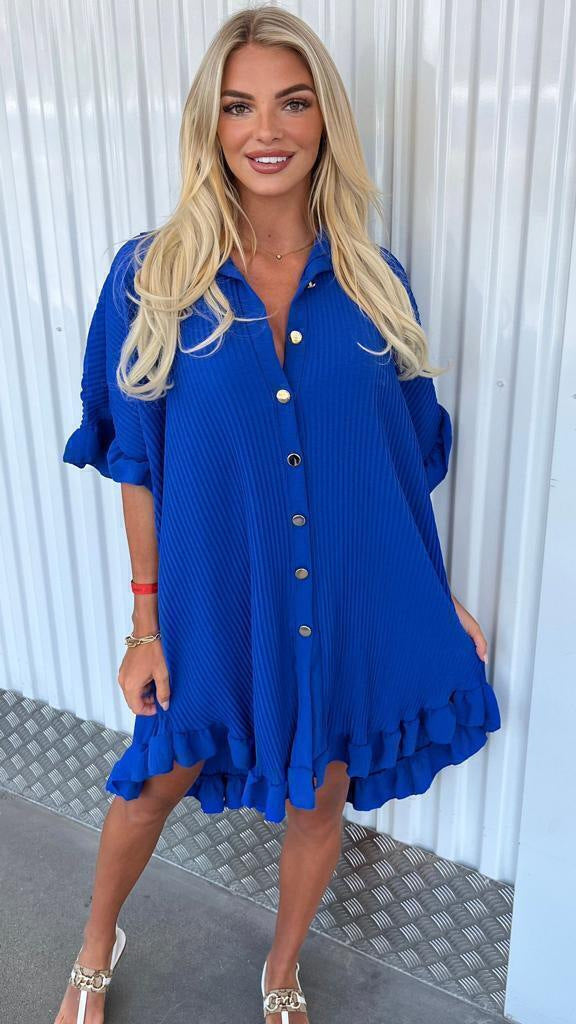 Solid Color Shirt Dress, Ruffle Irregular Sleeve