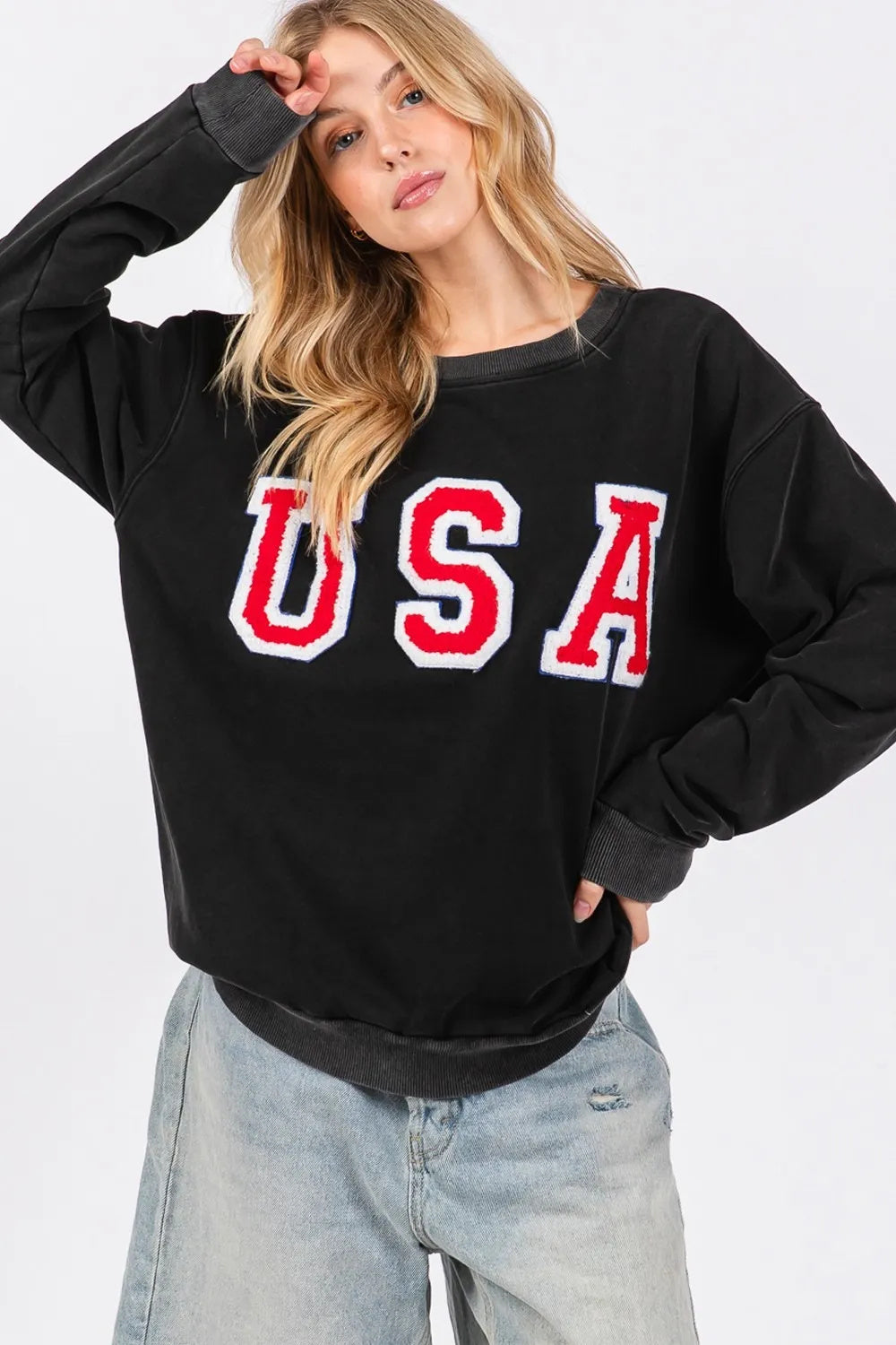 SAGE FIG USA Letter Patch Round Neck Sweatshirt