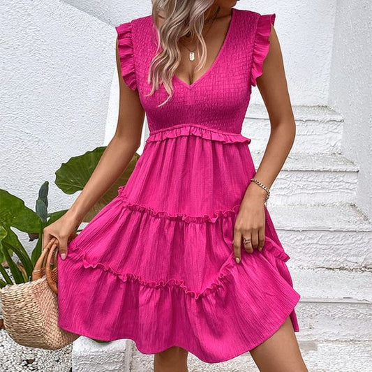 V Neck Flutter Sleeve Tiered Smocked Dress