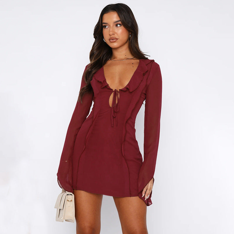 Ruffled V-neck Lace-up Long-sleeved Dress