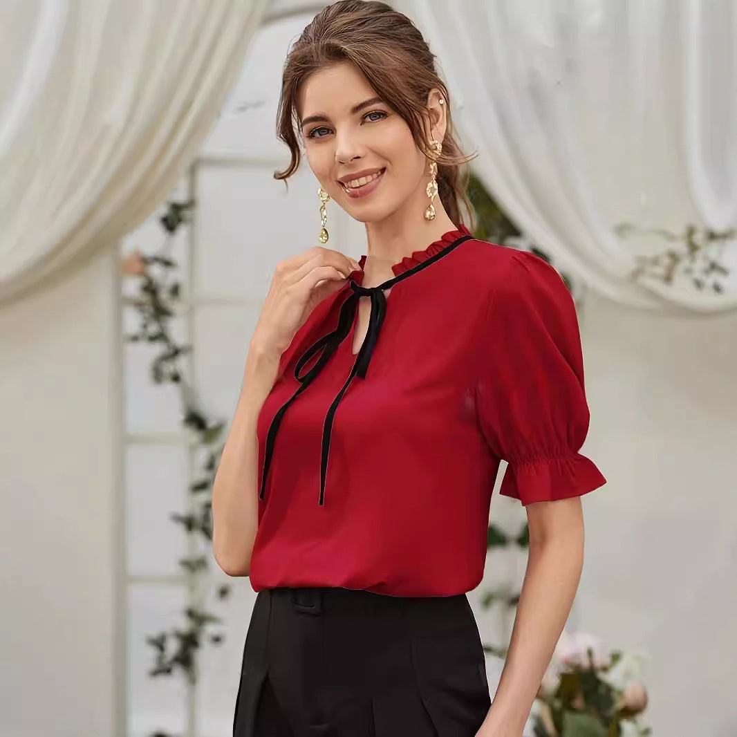 Women's Elegant Tie Long Ruffle Sleeve Blouse