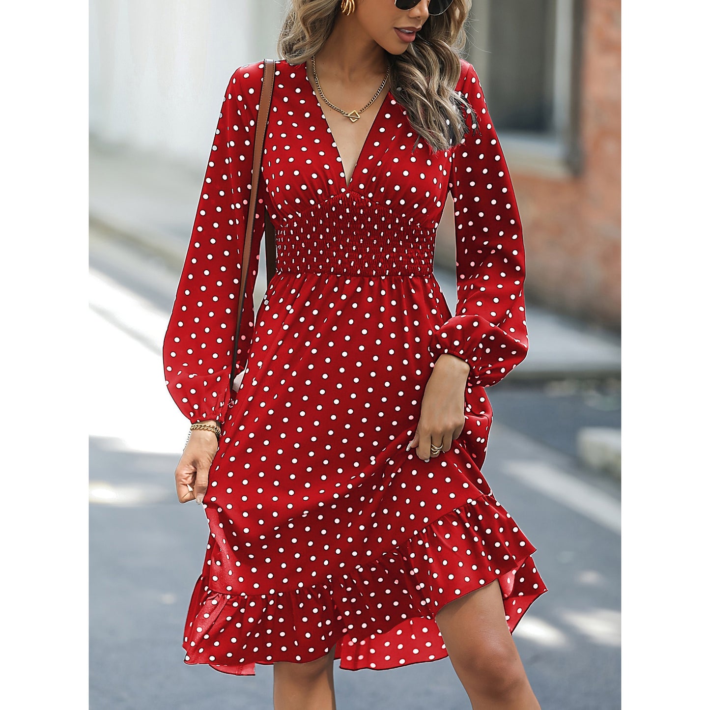 Waist Slimming Polka Dot Long Sleeve Dress