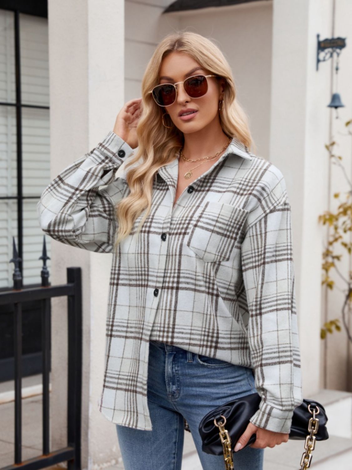 Mandy Pocketed Plaid Collared Neck Long Sleeve Shirt