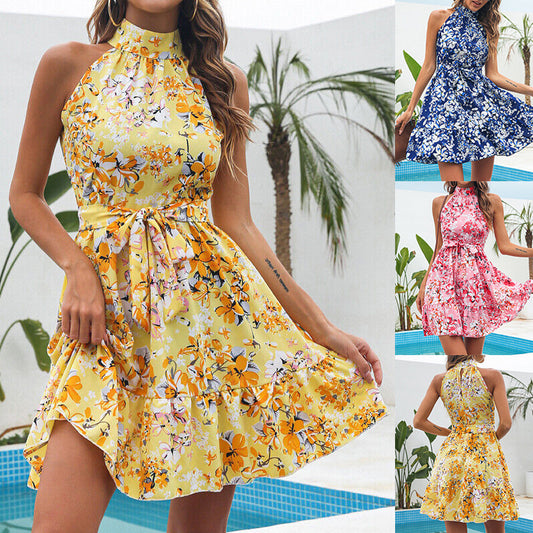 Floral Print Ruffle Halter neck Dress