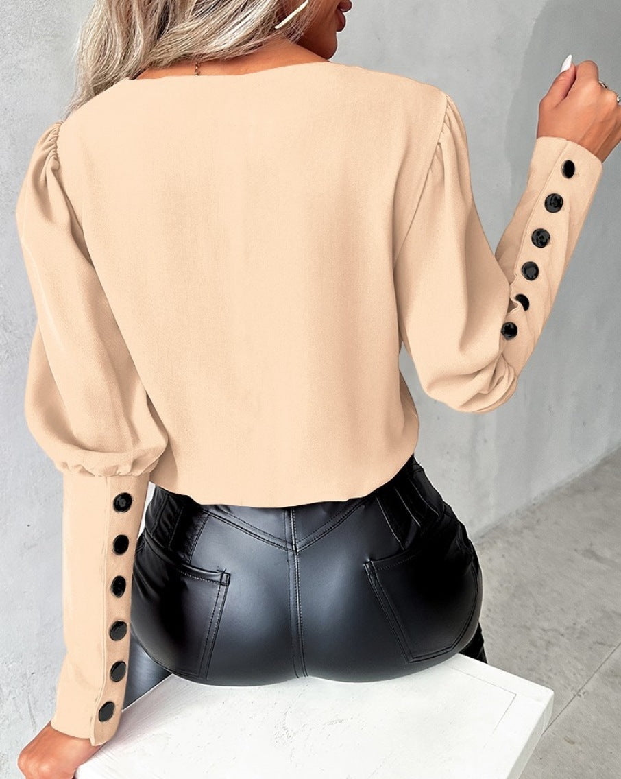 V-neck Long Sleeve Blouse With Button Design