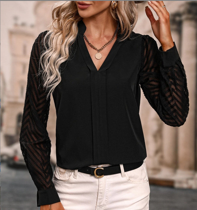 V-neck Long-sleeved Chiffon Lace Stitching Shirt