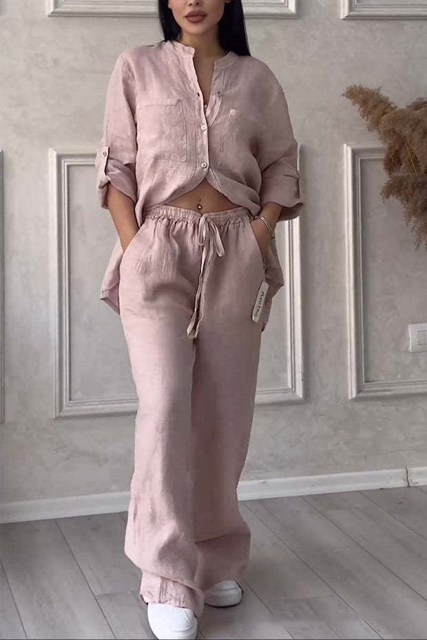 Stand Collar Long Sleeve Casual Top Two-piece Pants Set