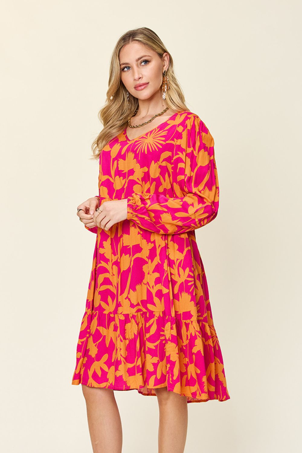 Double Take Full Size Printed Ruffle Hem Long Sleeve Dress