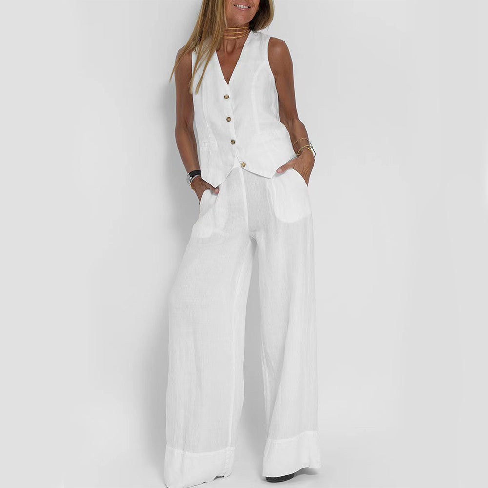 Vest Suits V-neck Button Sleeveless Top And Loose Straight Trousers