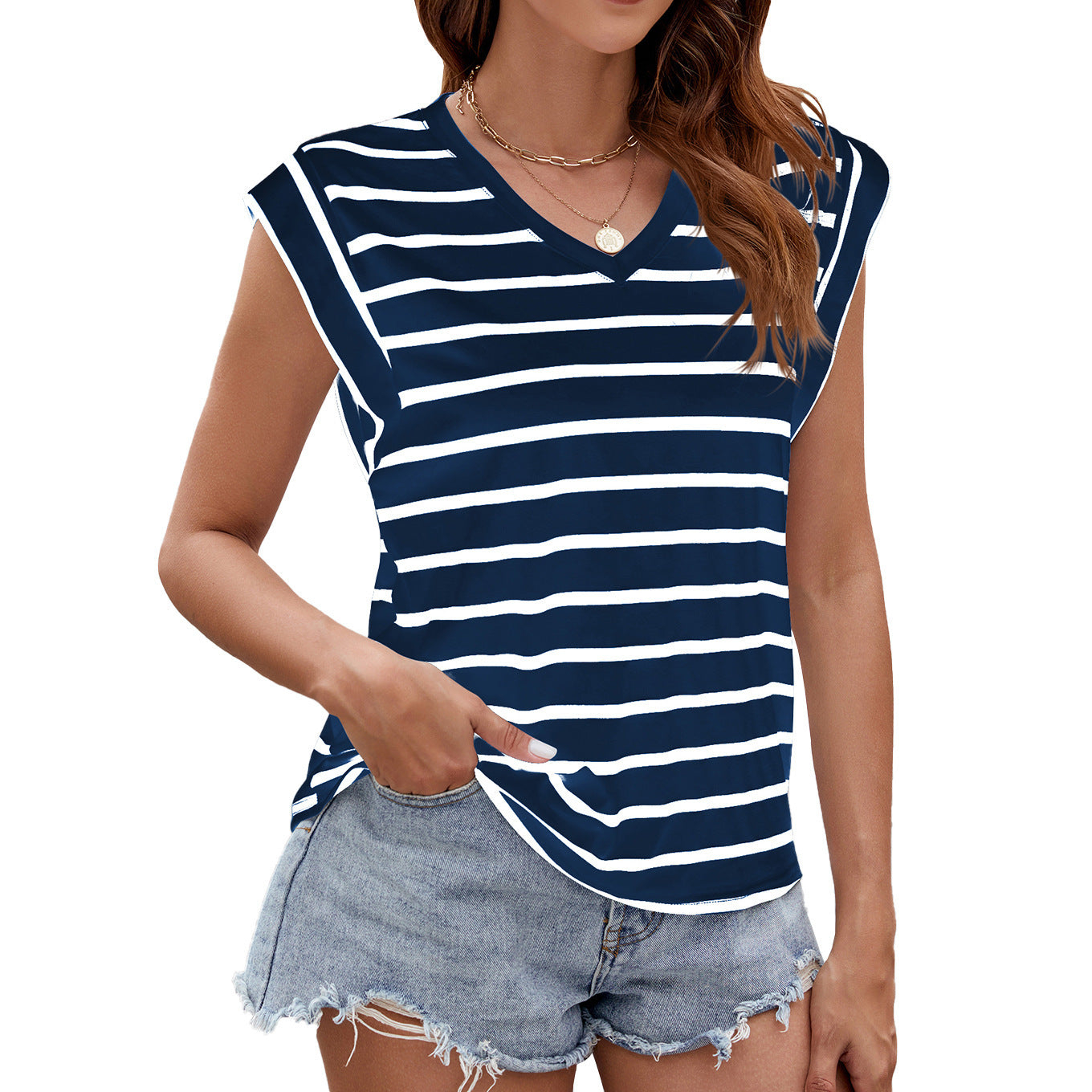 Stripe Print V-neck Short-sleeved T-Shirt