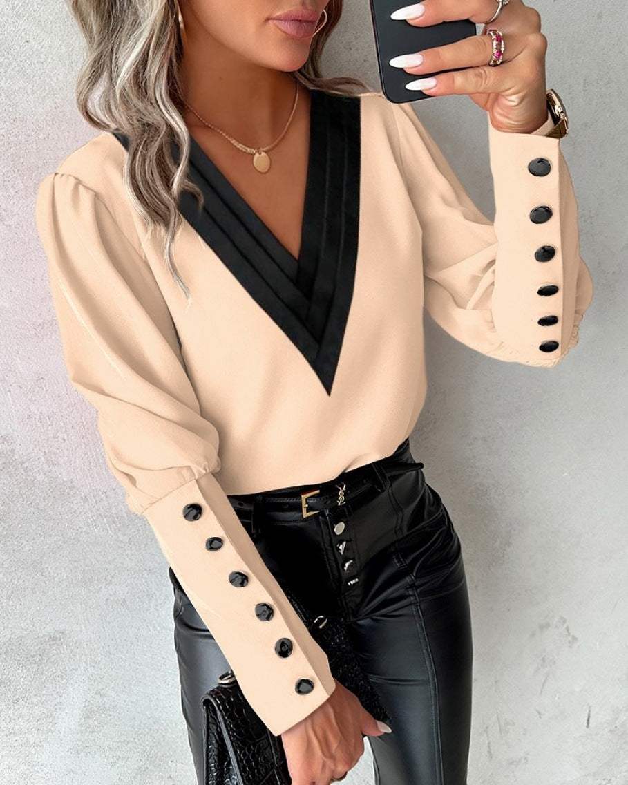 V-neck Long Sleeve Blouse With Button Design