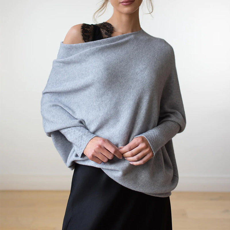 Solid Off-shoulder Batwing Sleeve Sweater