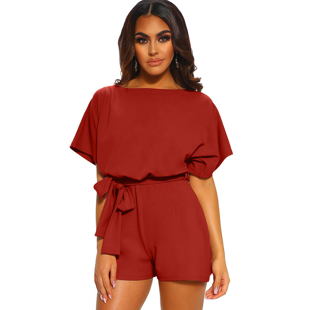 Round Neck Short-sleeved Lace-up Jumpsuit