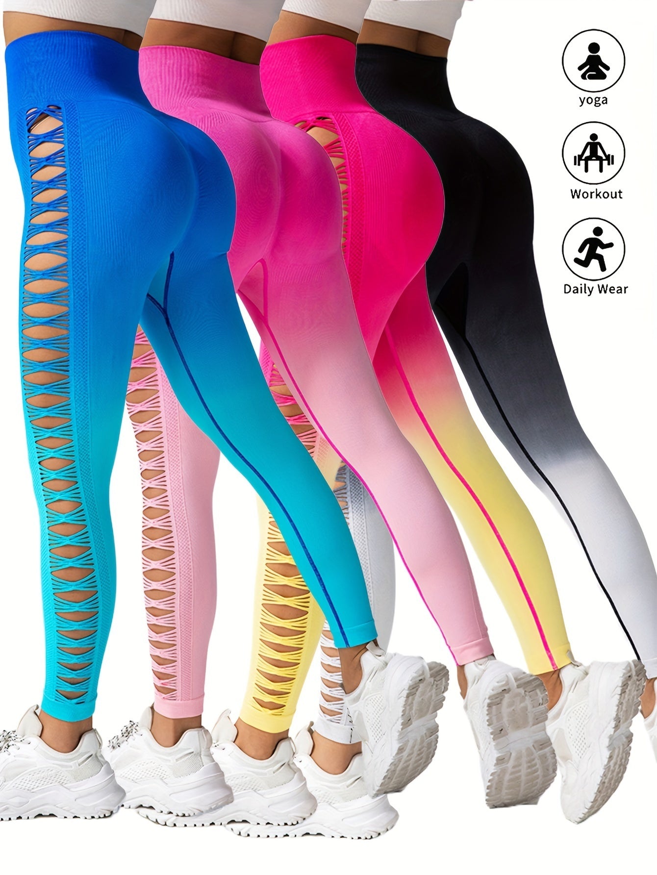 4 Pack Cut Out Ombre Gradient Color Hollow High-waist Butt-lifting Yoga Pants