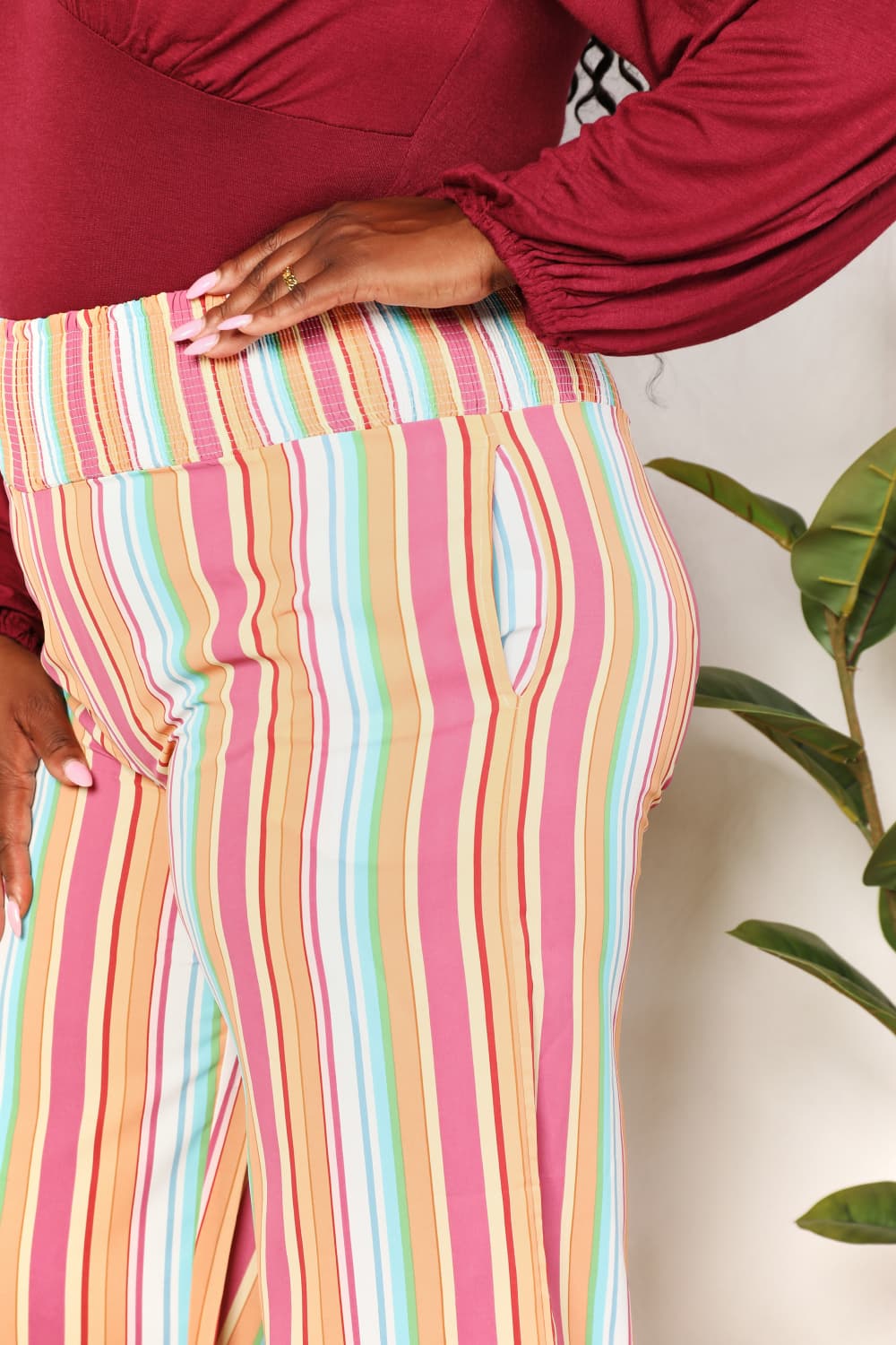 Double Take Striped Smocked Waist Pants with Pockets