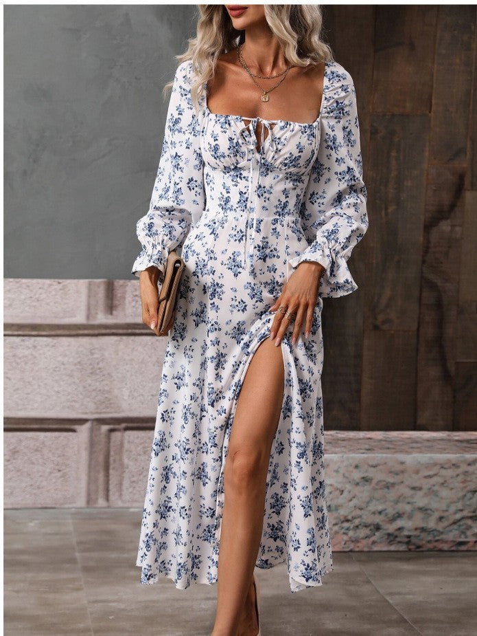 Flowers Printing Long Sleeve Square-neck Bottom Slit Dresses