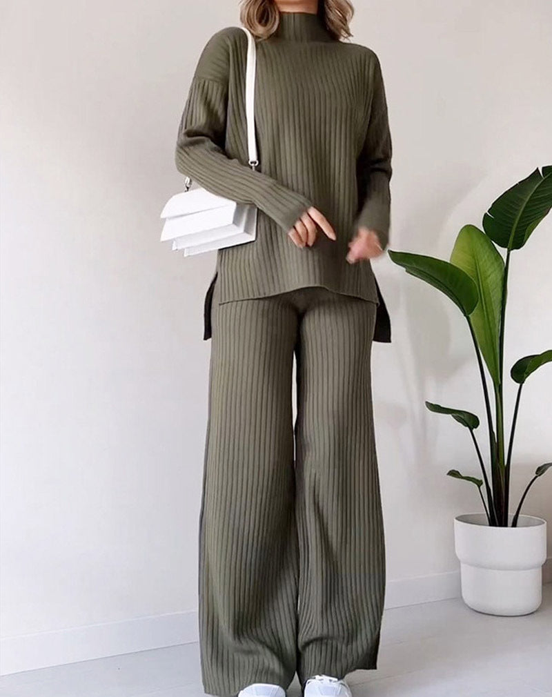 Turtleneck Knitted Suit Loose Split Design Long-sleeved Top And Straight Trousers Set